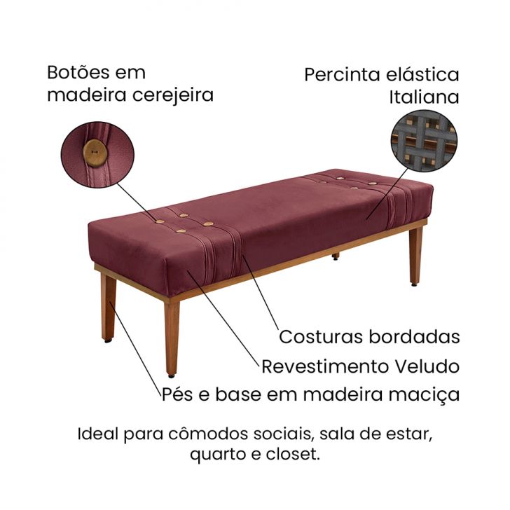 Conjunto de Cabeceira Solteiro com Recamier Gênova Veludo Vinho