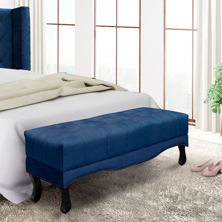 Conjunto de Cabeceira Solteiro com Recamier Vicenza Suede Azul Marinho