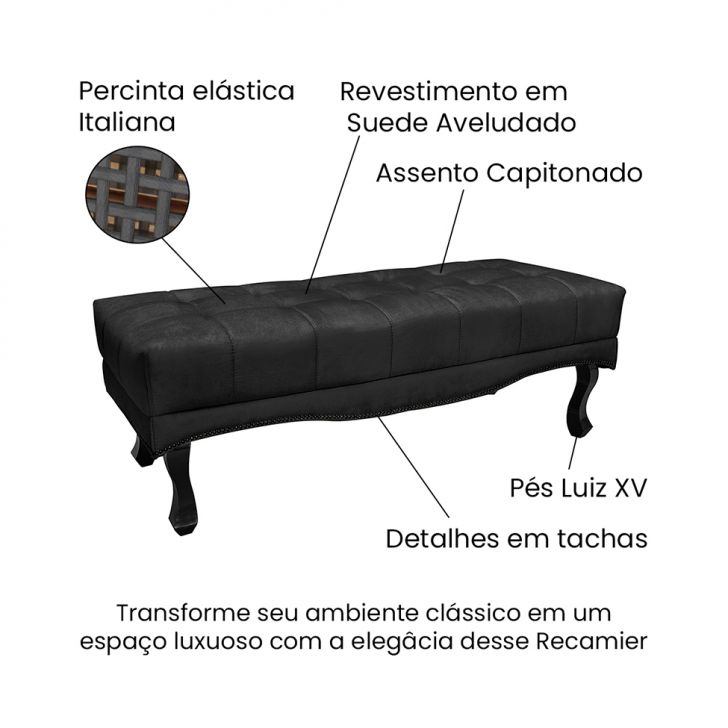 Conjunto de Cabeceira Solteiro com Recamier Vicenza Suede Preto