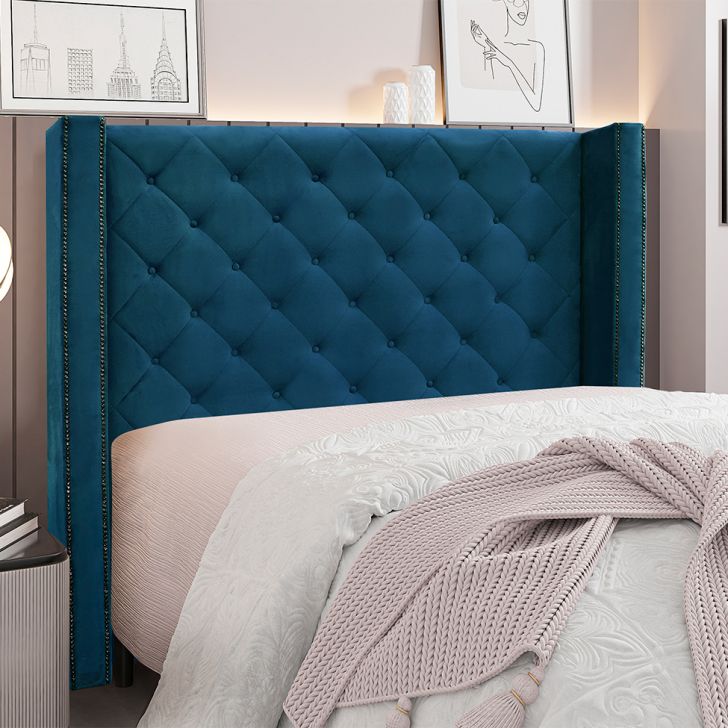 Conjunto de Cabeceira Solteiro com Recamier Vicenza Veludo Azul Marinho