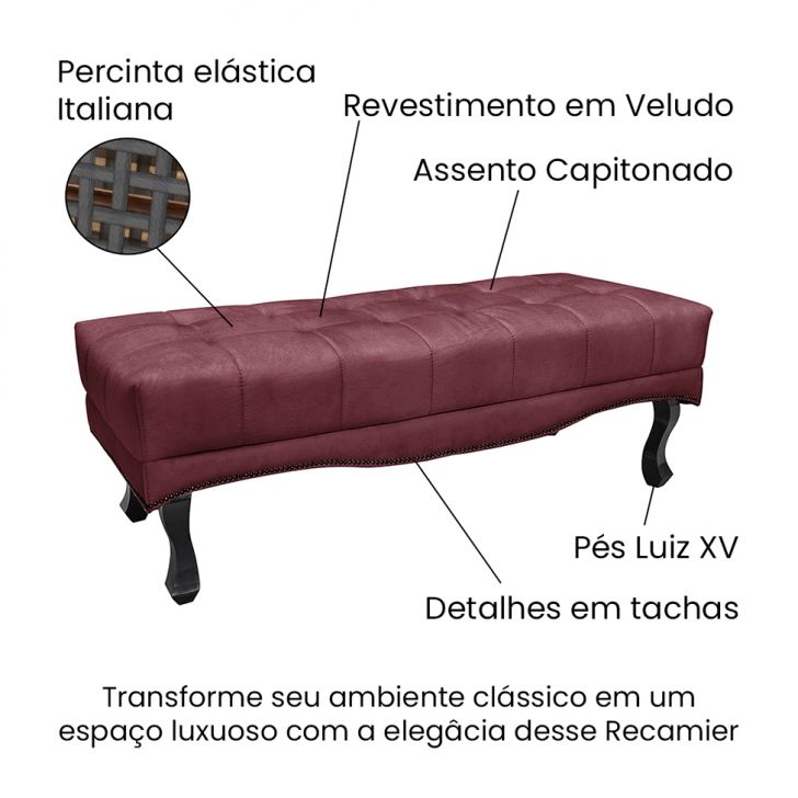 Conjunto de Cabeceira Solteiro com Recamier Vicenza Veludo Vinho