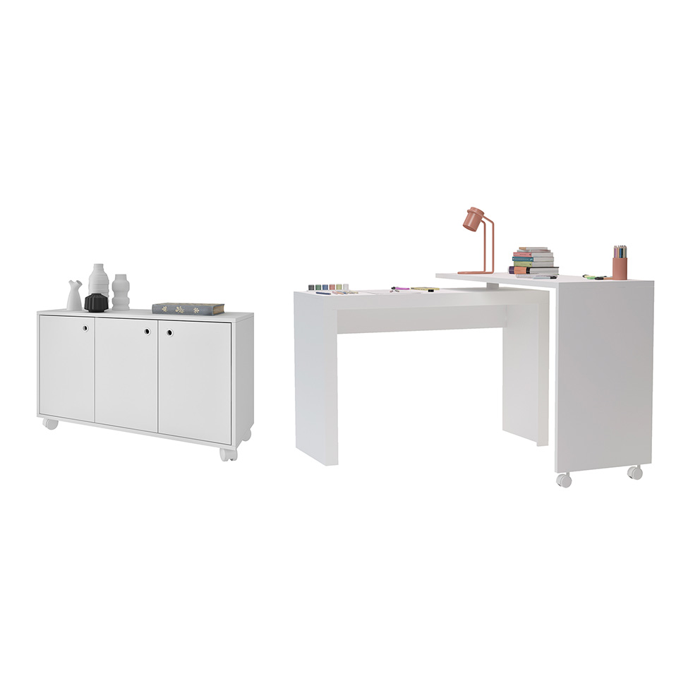 Conjunto de Escrivaninha Arneb com Armário Albireo 3 PT Branco