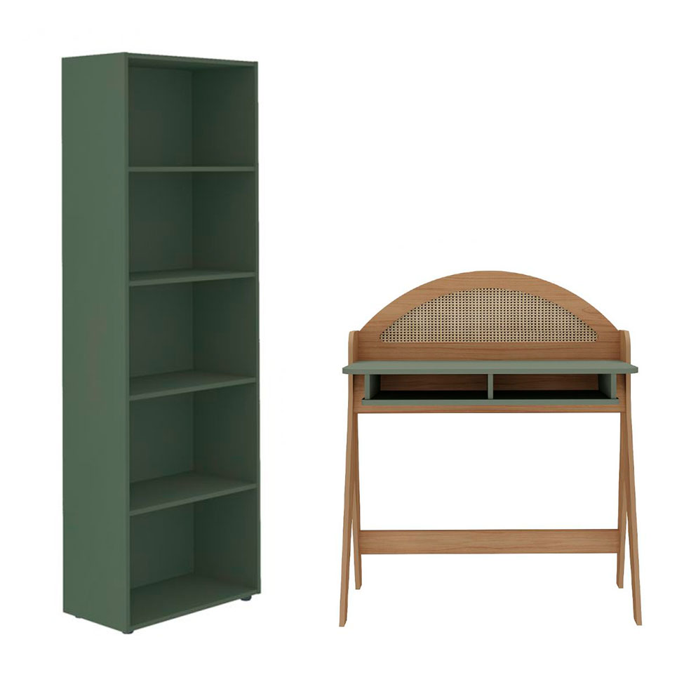 Conjunto de Escrivaninha Ceci com Estante Multy Carvalho e Verde Menta