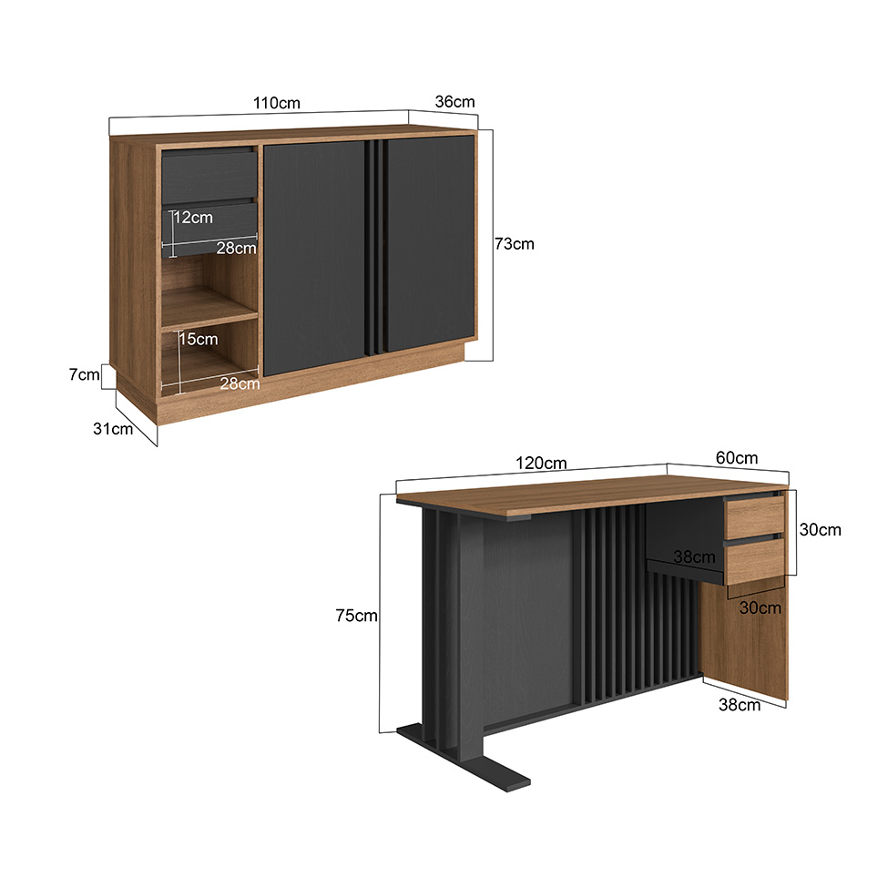 Conjunto de Escrivaninha Salir 2 Gavetas com Armário de Escritório Office 2 Portas 2 Gavetas Mel e Grafite