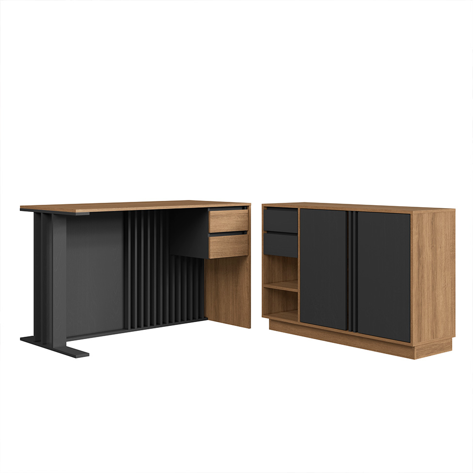 Conjunto de Escrivaninha Salir 2 Gavetas com Armário de Escritório Office 2 Portas 2 Gavetas Mel e Grafite