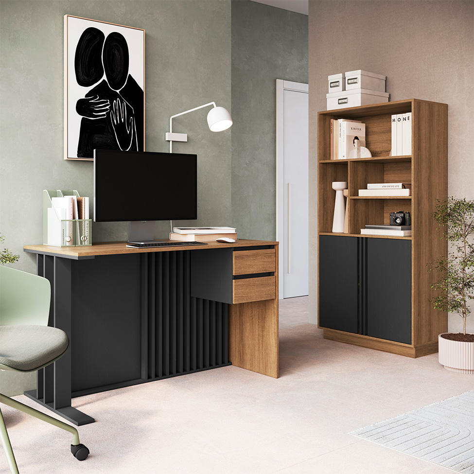 Conjunto de Escrivaninha Salir 2 Gavetas com Armário de Escritório Office com Nichos 2 Portas Mel e Grafite