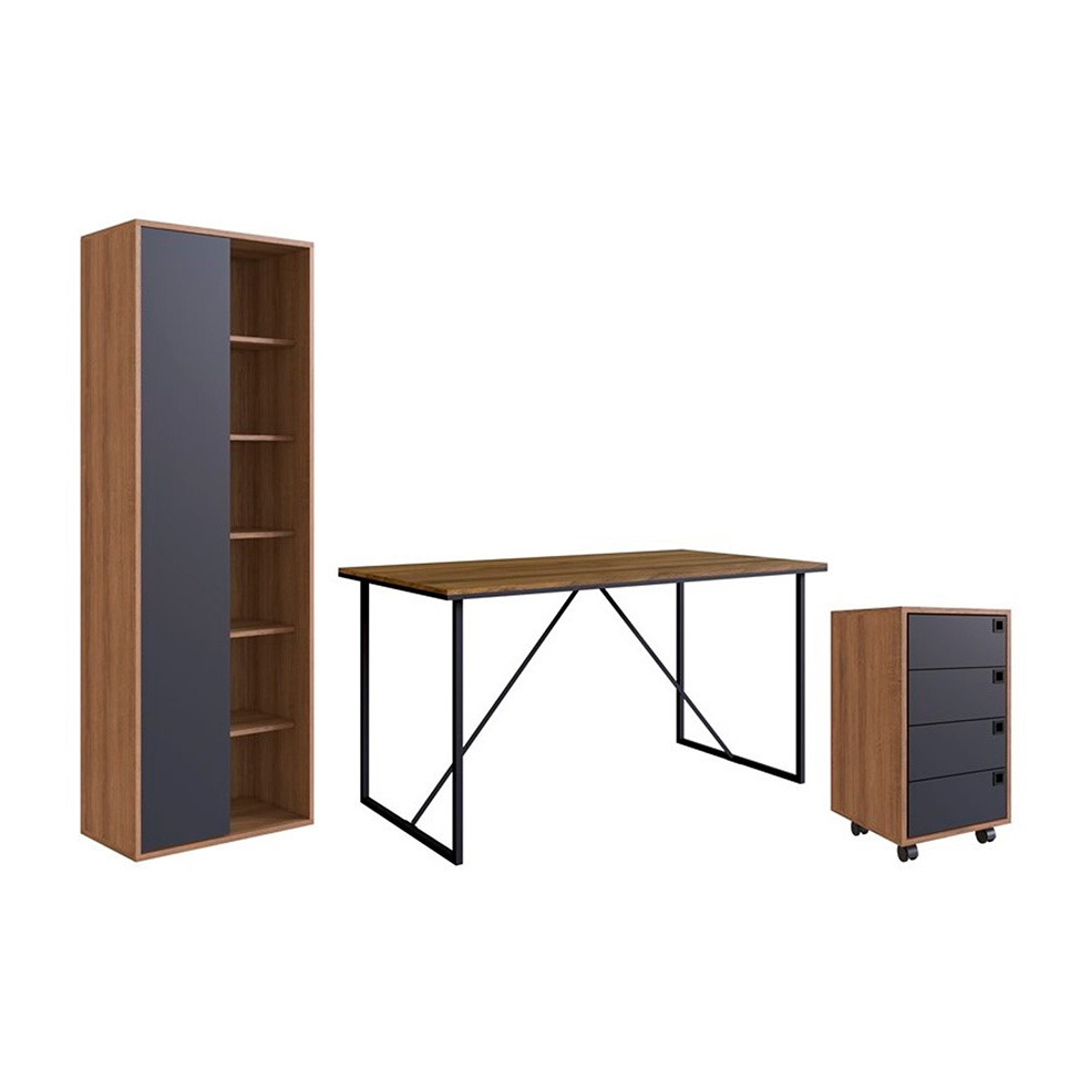 Conjunto de Escrivaninha Steel Wood com Gaveteiro 4 GV e Estante Livreiro Office 1 PT Grafite e Mel