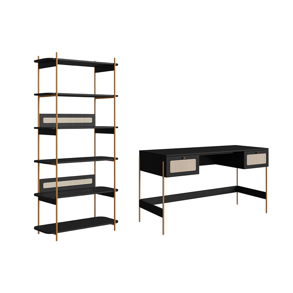 Conjunto de Escrivaninha com Estante Oslo Preto e Dourado
