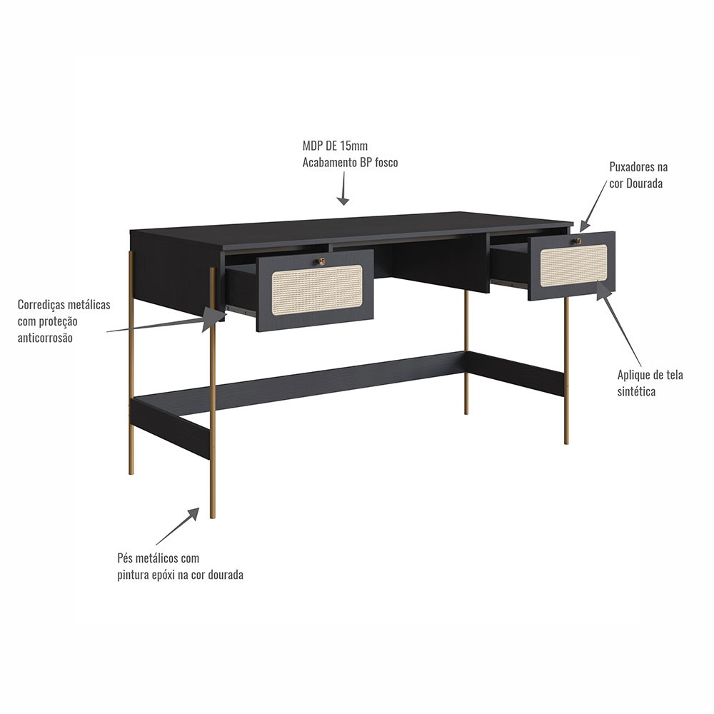 Conjunto de Escrivaninha com Estante Oslo Preto e Dourado