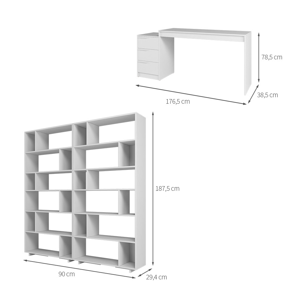 Conjunto de Escrivaninha e 2 Estantes Edith 3 Gavetas Branco