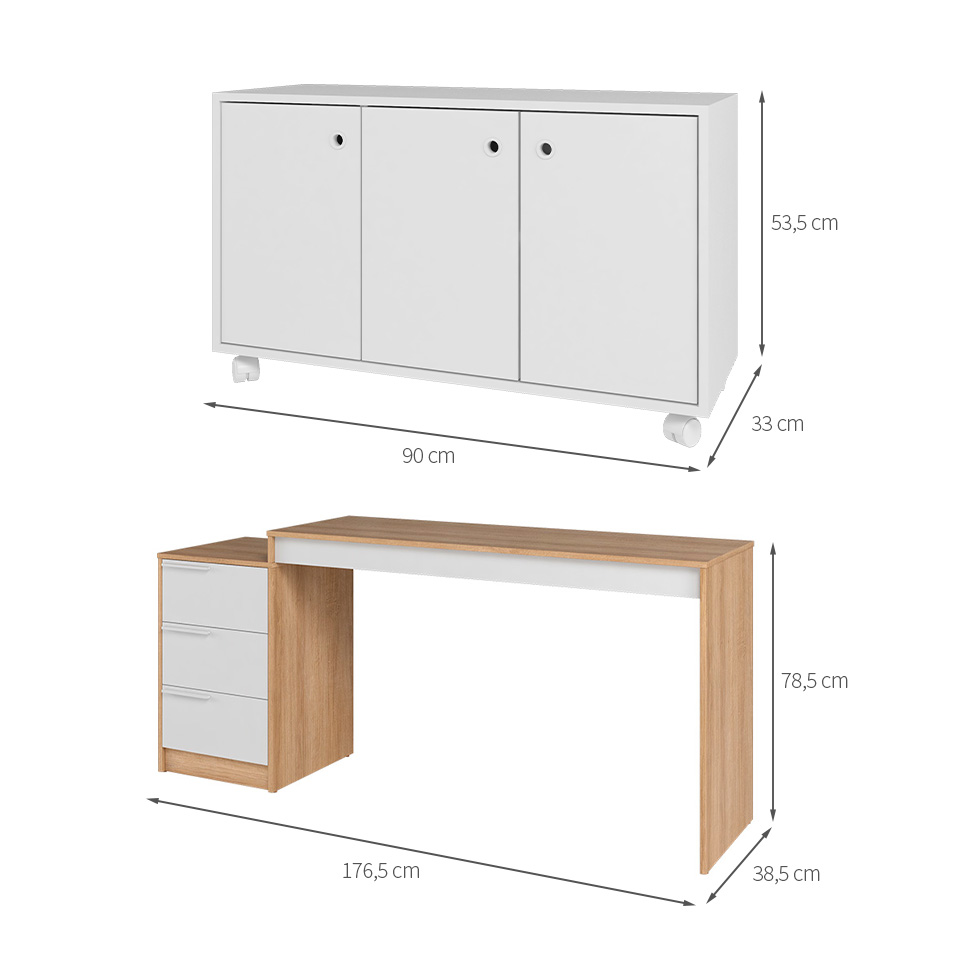 Conjunto de Escrivaninha e Armário Edith 3 Portas 3 Gavetas Branco e Mel