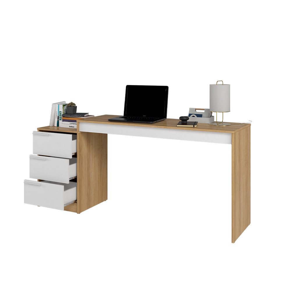 Conjunto de Escrivaninha e Armário Edith 3 Portas 3 Gavetas Branco e Mel