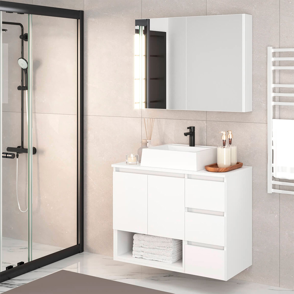 Conjunto de Gabinete Suspenso com Cuba Vitória e Armário de Banheiro Aurora 4 Portas 3 Gavetas Branco