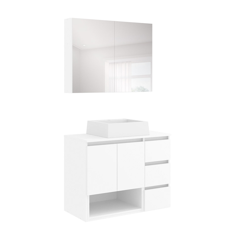 Conjunto de Gabinete Suspenso com Cuba Vitória e Armário de Banheiro Aurora 4 Portas 3 Gavetas Branco