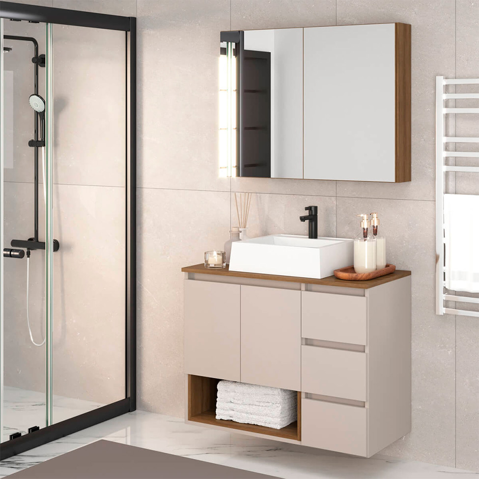 Conjunto de Gabinete Suspenso com Cuba Vitória e Armário de Banheiro Aurora 4 Portas 3 Gavetas Mel e Arenas