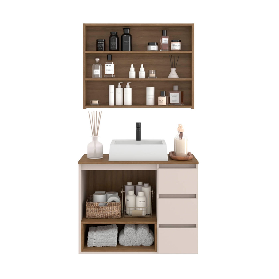 Conjunto de Gabinete Suspenso com Cuba Vitória e Armário de Banheiro Aurora 4 Portas 3 Gavetas Mel e Arenas