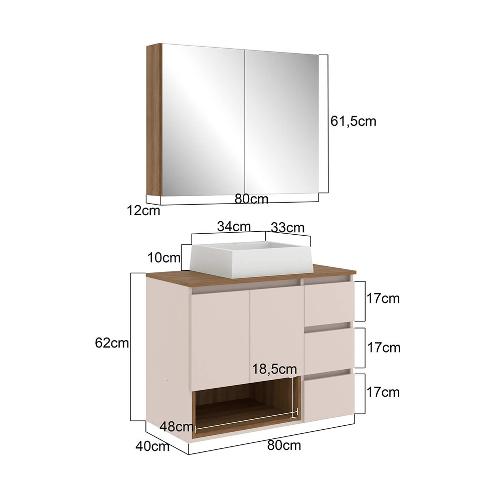 Conjunto de Gabinete Suspenso com Cuba Vitória e Armário de Banheiro Aurora 4 Portas 3 Gavetas Mel e Arenas