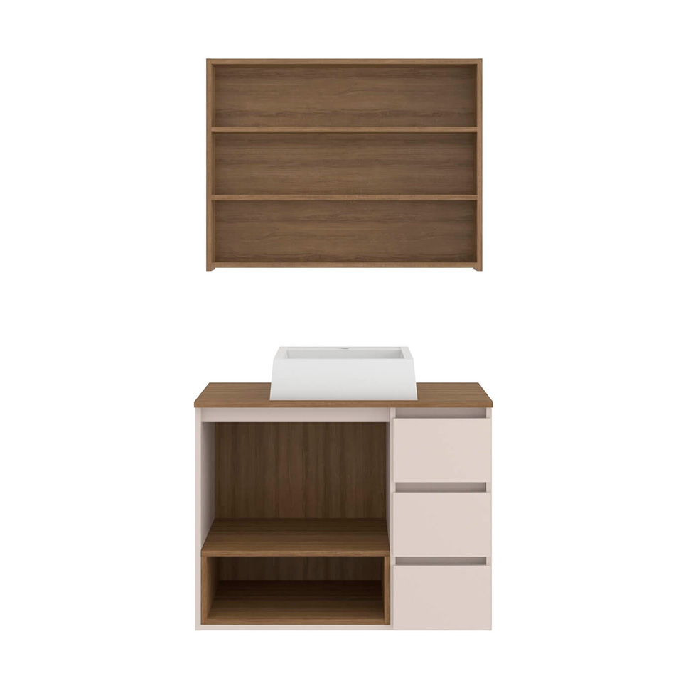 Conjunto de Gabinete Suspenso com Cuba Vitória e Armário de Banheiro Aurora 4 Portas 3 Gavetas Mel e Arenas