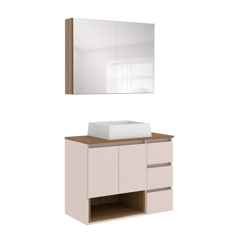 Conjunto de Gabinete Suspenso com Cuba Vitória e Armário de Banheiro Aurora 4 Portas 3 Gavetas Mel e Arenas