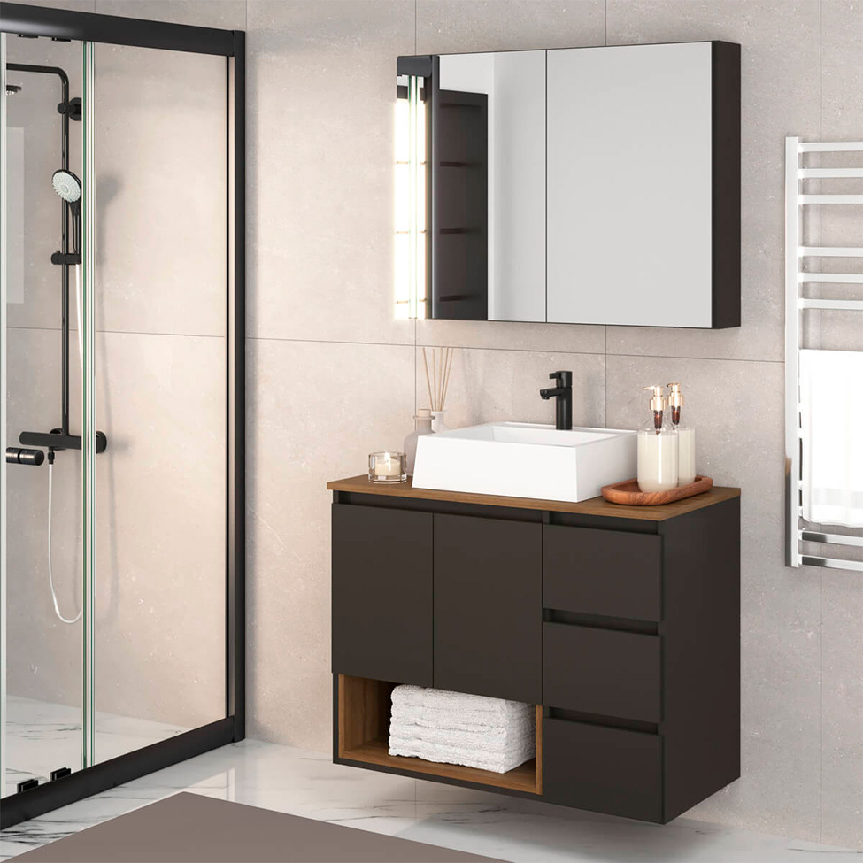 Conjunto de Gabinete Suspenso com Cuba Vitória e Armário de Banheiro Aurora 4 Portas 3 Gavetas Mel e Grafite