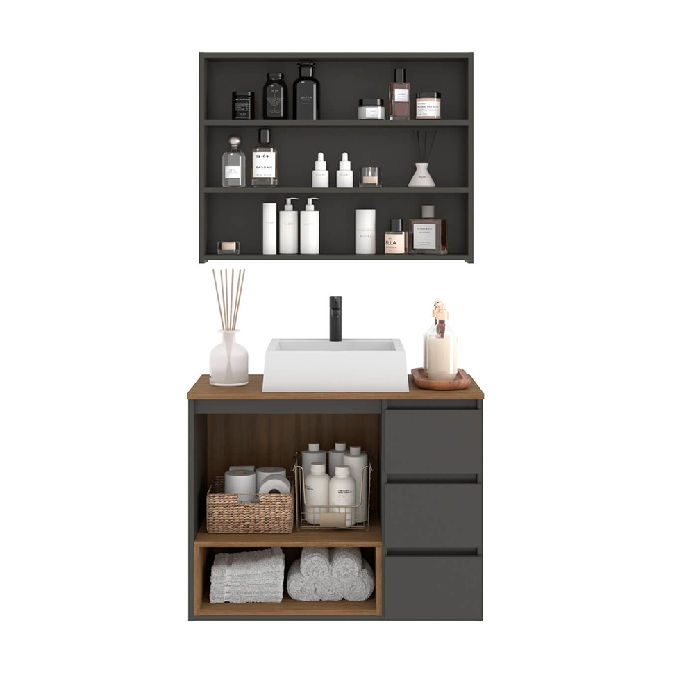 Conjunto de Gabinete Suspenso com Cuba Vitória e Armário de Banheiro Aurora 4 Portas 3 Gavetas Mel e Grafite