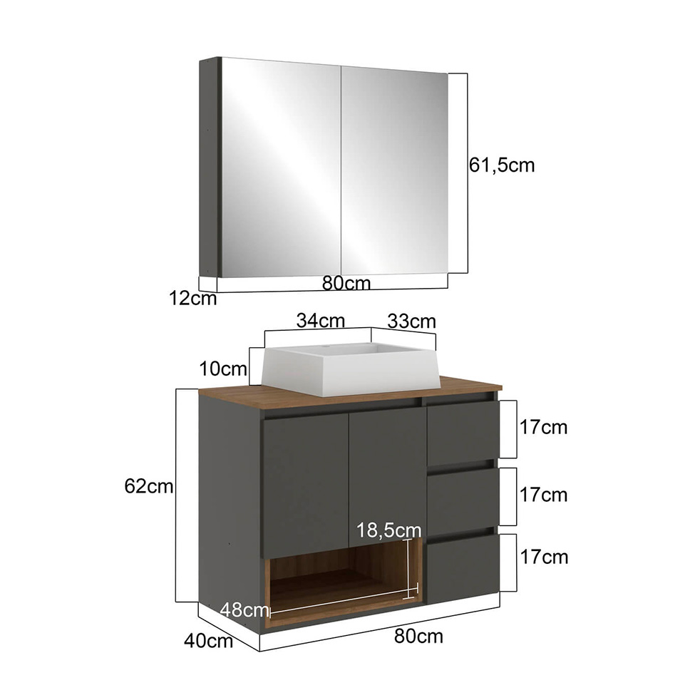 Conjunto de Gabinete Suspenso com Cuba Vitória e Armário de Banheiro Aurora 4 Portas 3 Gavetas Mel e Grafite