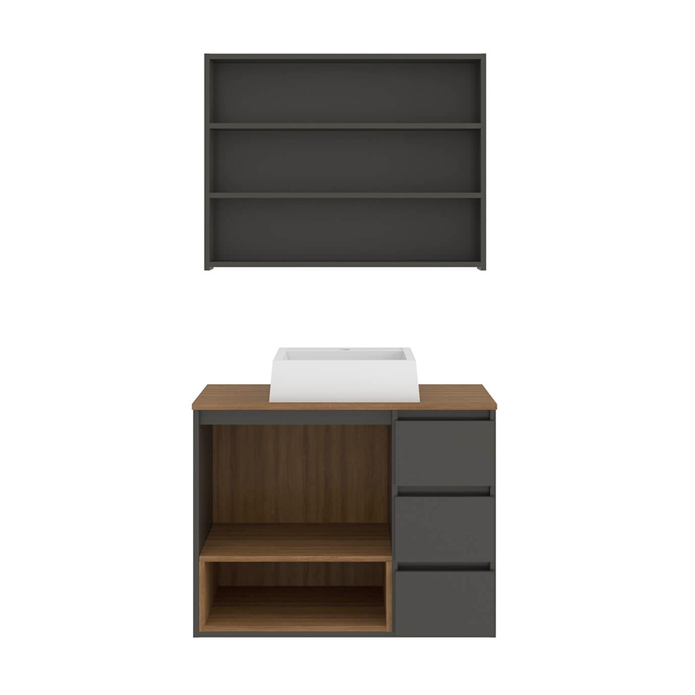 Conjunto de Gabinete Suspenso com Cuba Vitória e Armário de Banheiro Aurora 4 Portas 3 Gavetas Mel e Grafite