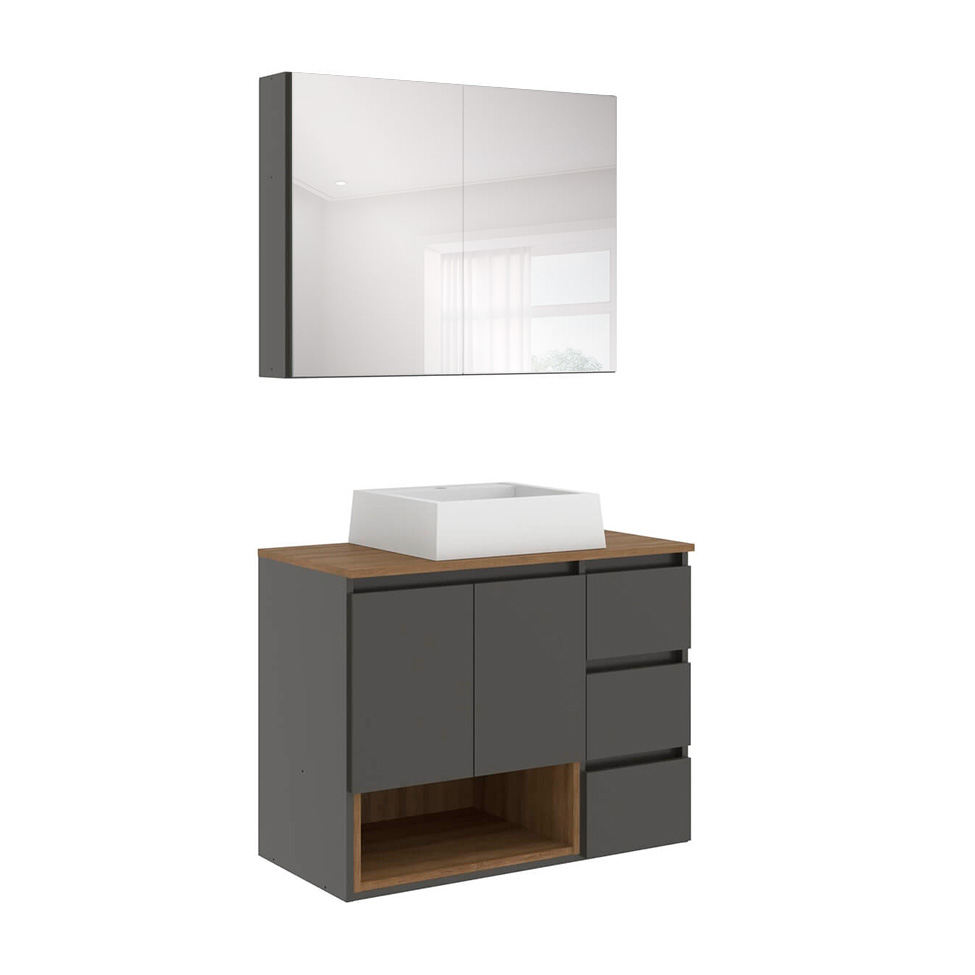 Conjunto de Gabinete Suspenso com Cuba Vitória e Armário de Banheiro Aurora 4 Portas 3 Gavetas Mel e Grafite