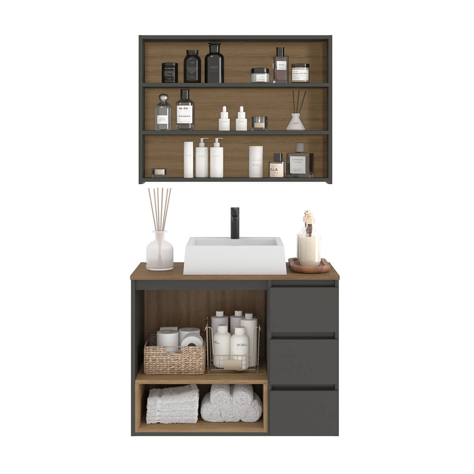 Conjunto de Gabinete Suspenso com Cuba Vitória e Armário de Banheiro Aurora 4 Portas 3 Gavetas Mel e Grafite