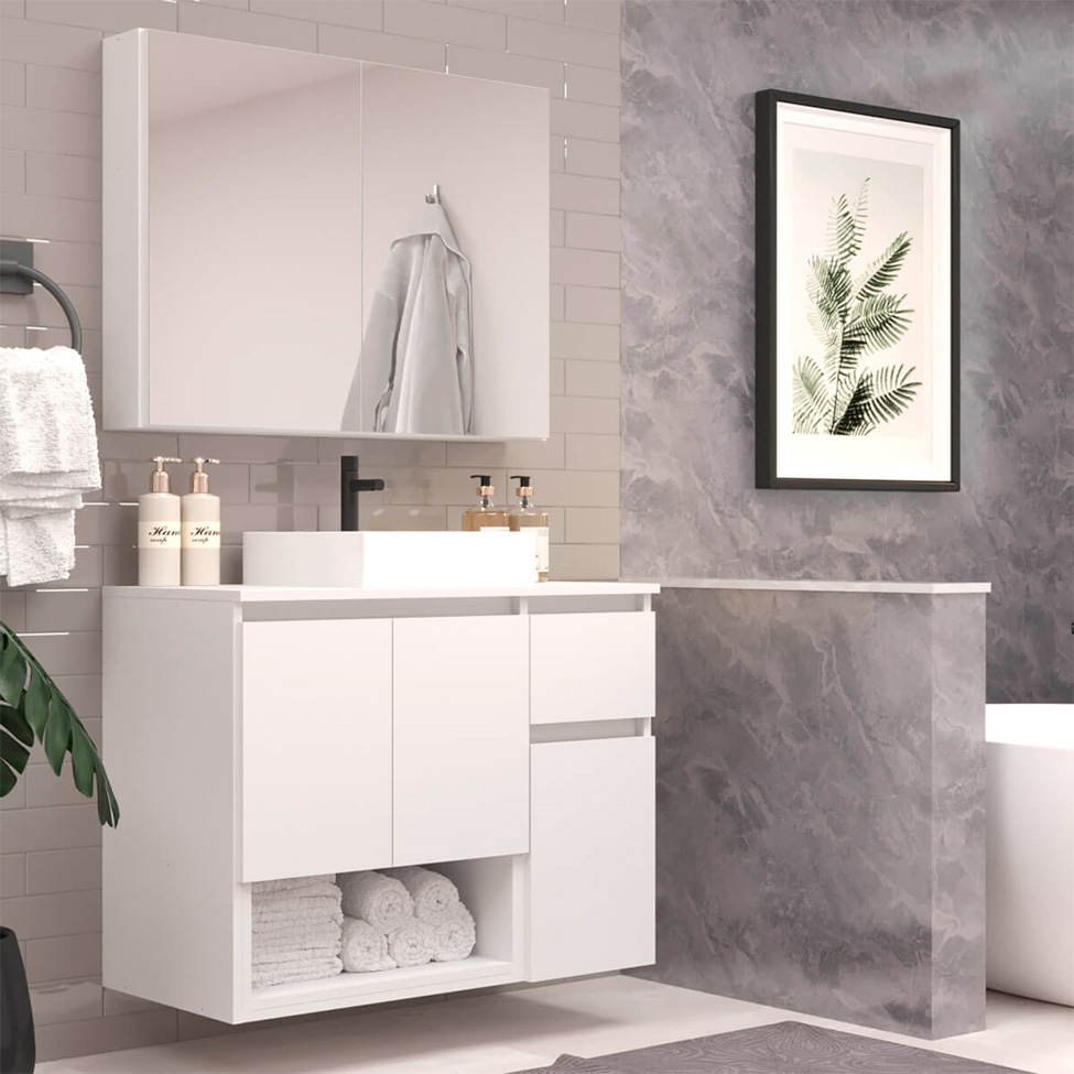 Conjunto de Gabinete Suspenso com Cuba e Armário de Banheiro Aurora 5 Portas 1 Gaveta Branco