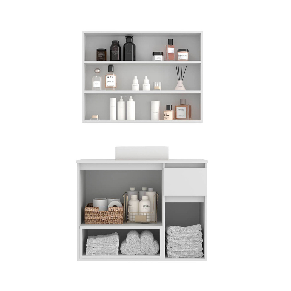 Conjunto de Gabinete Suspenso com Cuba e Armário de Banheiro Aurora 5 Portas 1 Gaveta Branco