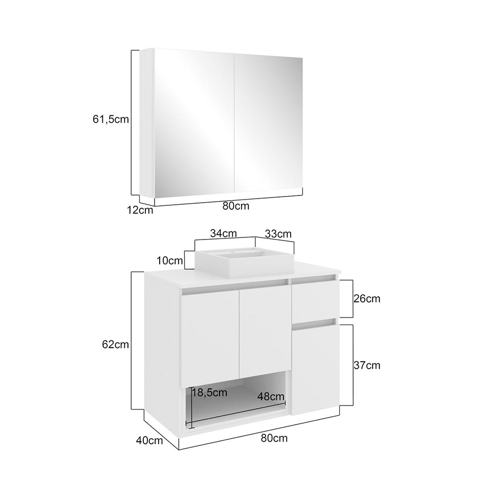 Conjunto de Gabinete Suspenso com Cuba e Armário de Banheiro Aurora 5 Portas 1 Gaveta Branco