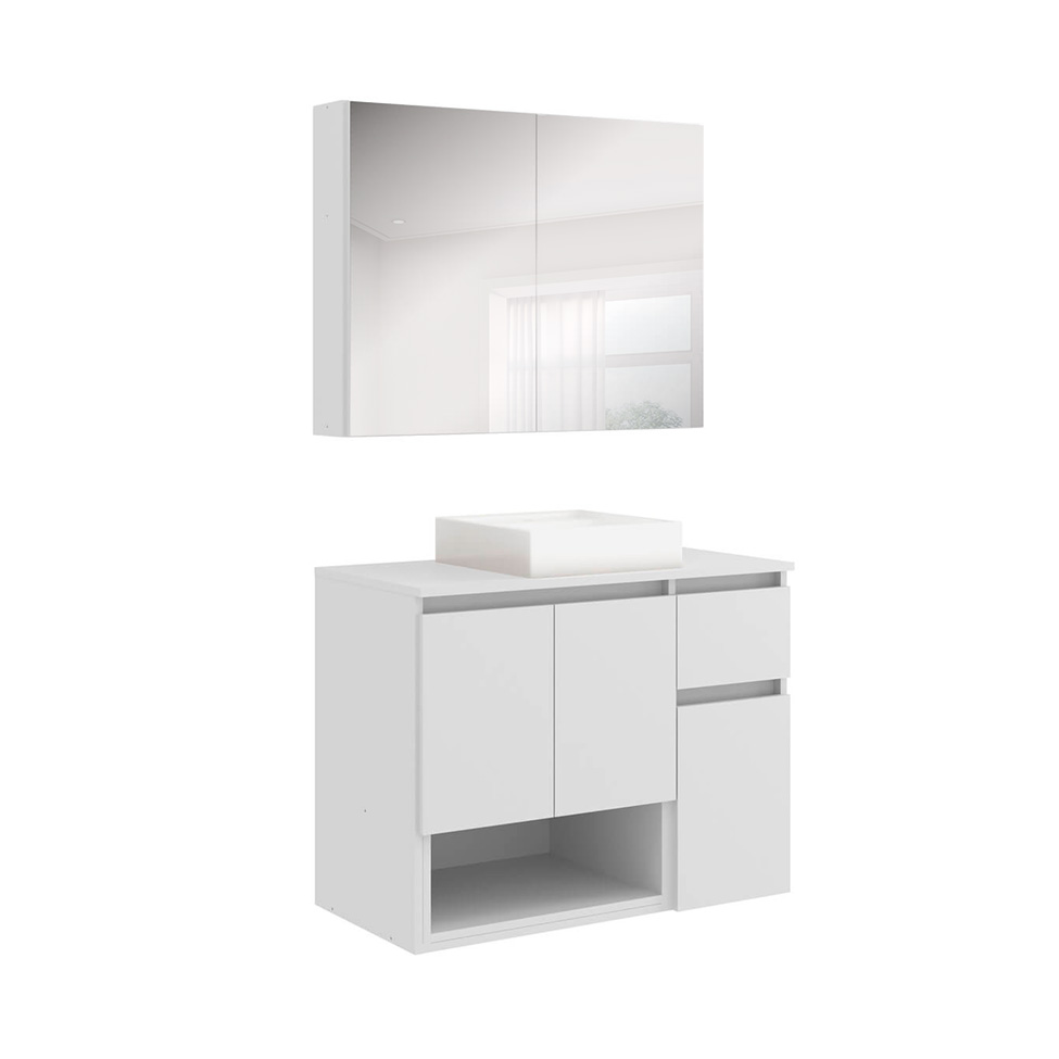 Conjunto de Gabinete Suspenso com Cuba e Armário de Banheiro Aurora 5 Portas 1 Gaveta Branco