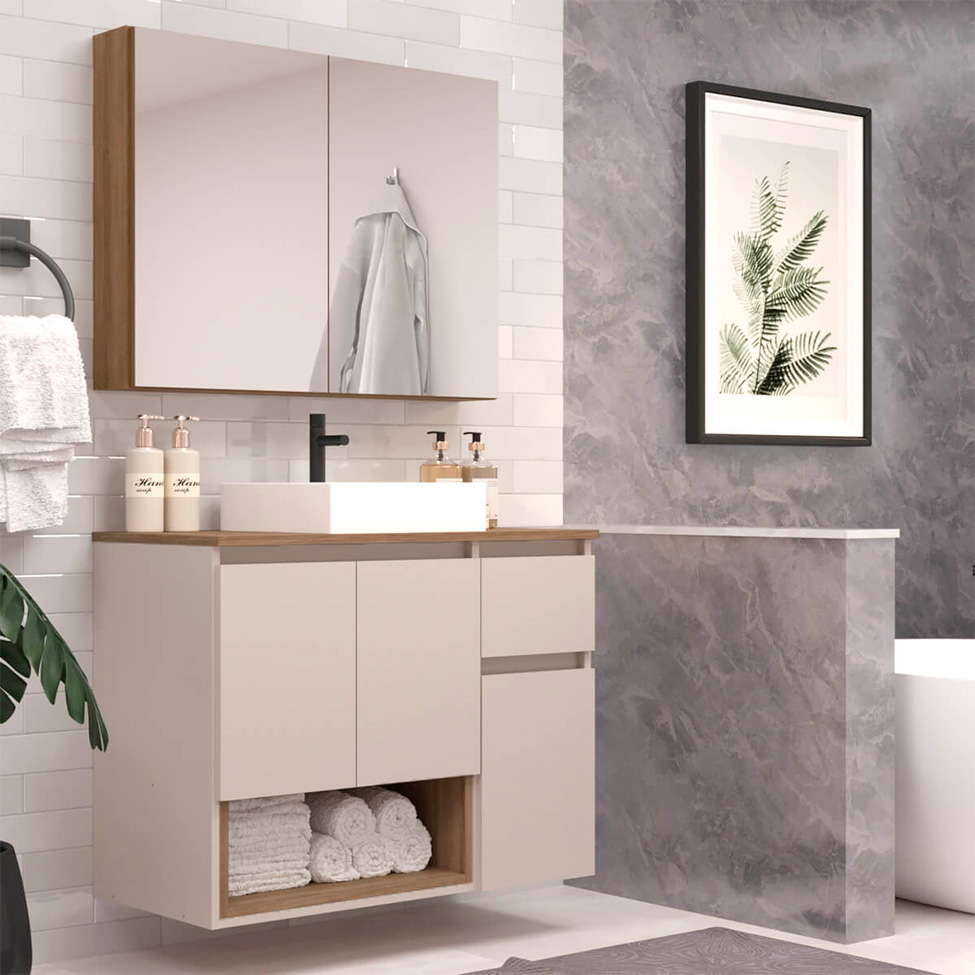 Conjunto de Gabinete Suspenso com Cuba e Armário de Banheiro Aurora 5 Portas 1 Gaveta Mel e Arenas