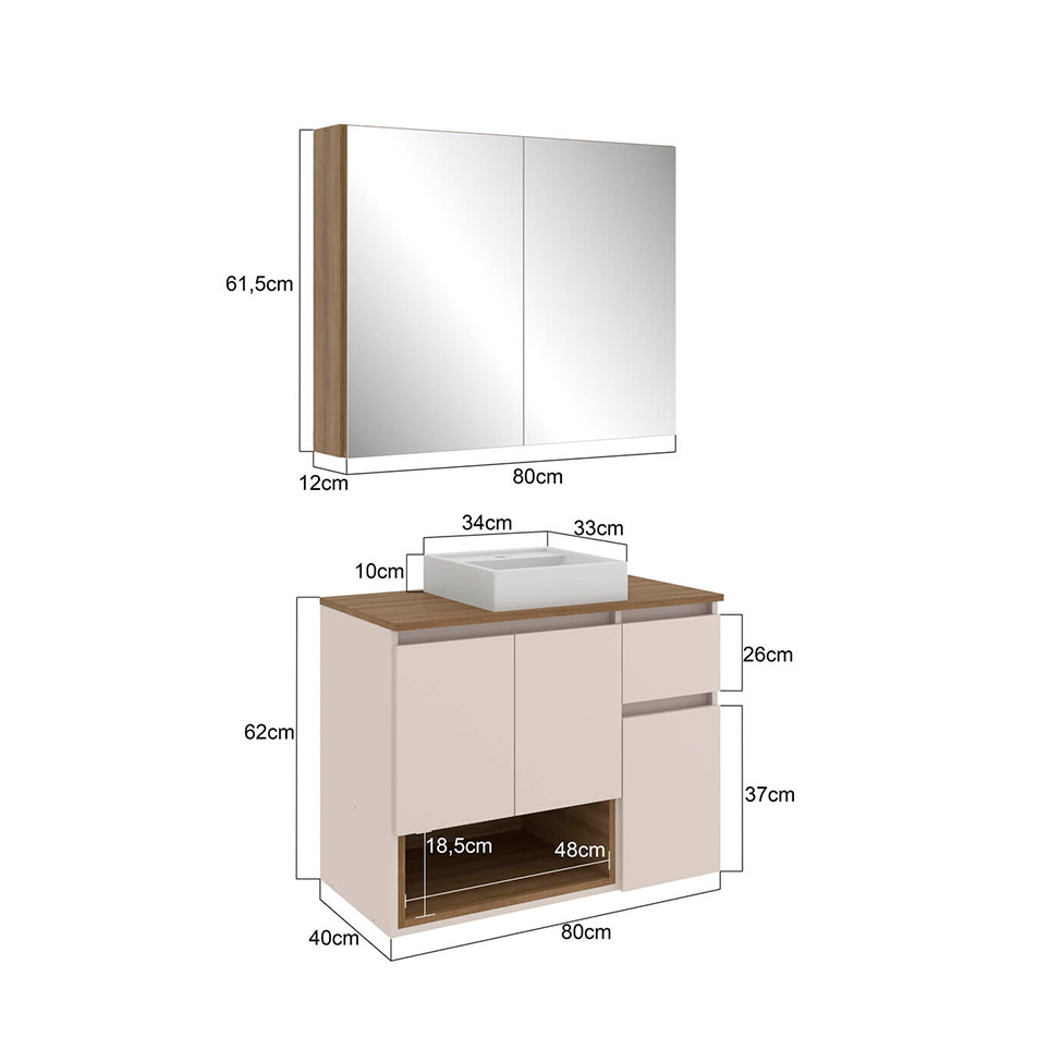 Conjunto de Gabinete Suspenso com Cuba e Armário de Banheiro Aurora 5 Portas 1 Gaveta Mel e Arenas