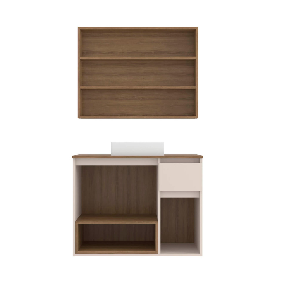 Conjunto de Gabinete Suspenso com Cuba e Armário de Banheiro Aurora 5 Portas 1 Gaveta Mel e Arenas