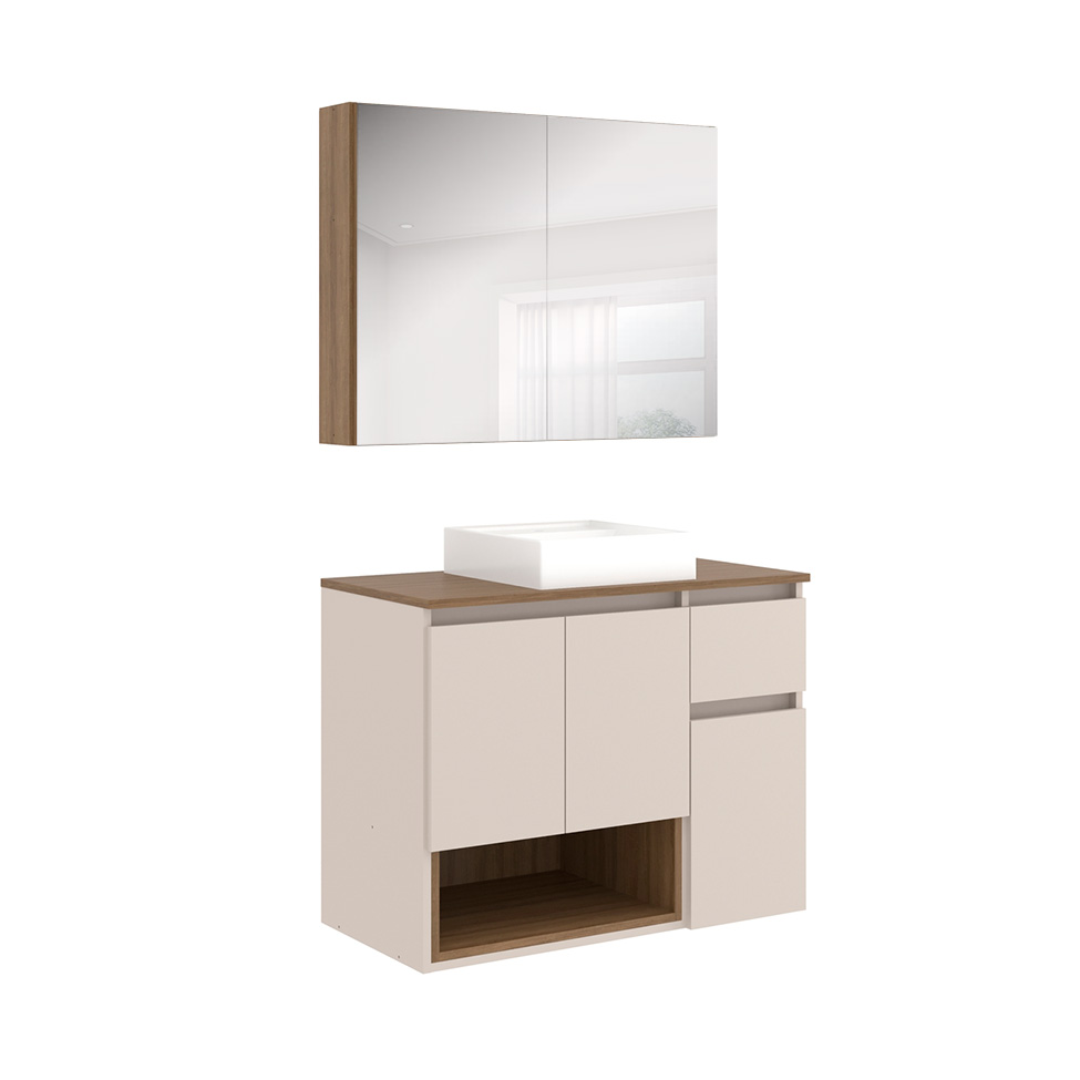 Conjunto de Gabinete Suspenso com Cuba e Armário de Banheiro Aurora 5 Portas 1 Gaveta Mel e Arenas