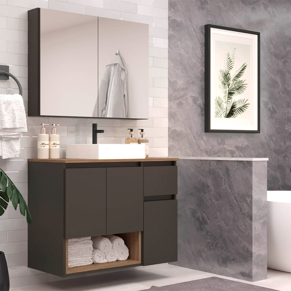 Conjunto de Gabinete Suspenso com Cuba e Armário de Banheiro Aurora 5 Portas 1 Gaveta Mel e Grafite