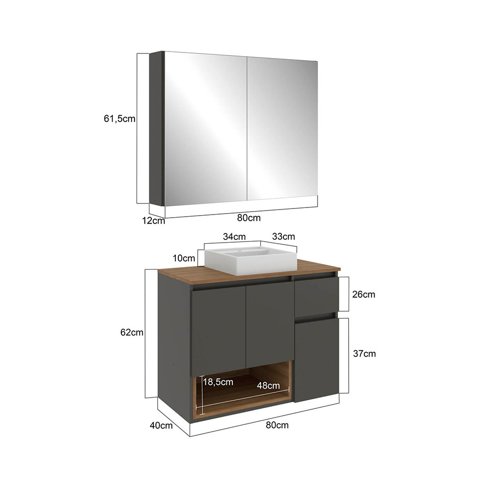 Conjunto de Gabinete Suspenso com Cuba e Armário de Banheiro Aurora 5 Portas 1 Gaveta Mel e Grafite