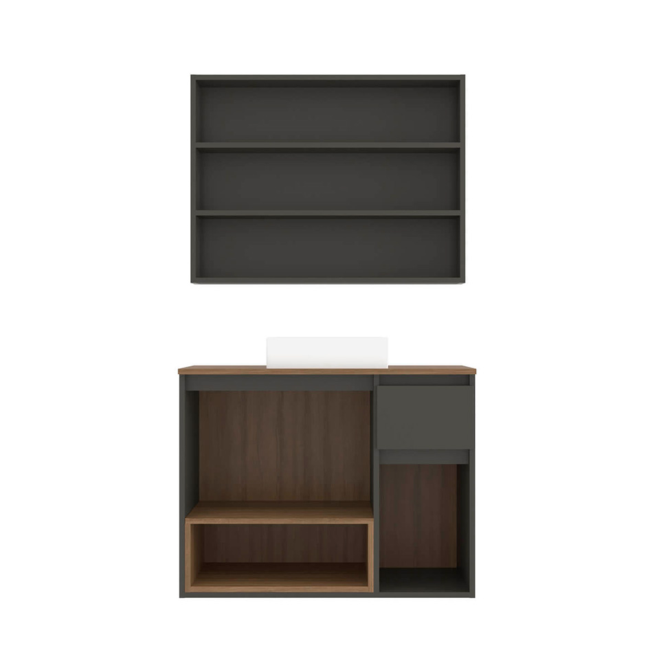 Conjunto de Gabinete Suspenso com Cuba e Armário de Banheiro Aurora 5 Portas 1 Gaveta Mel e Grafite