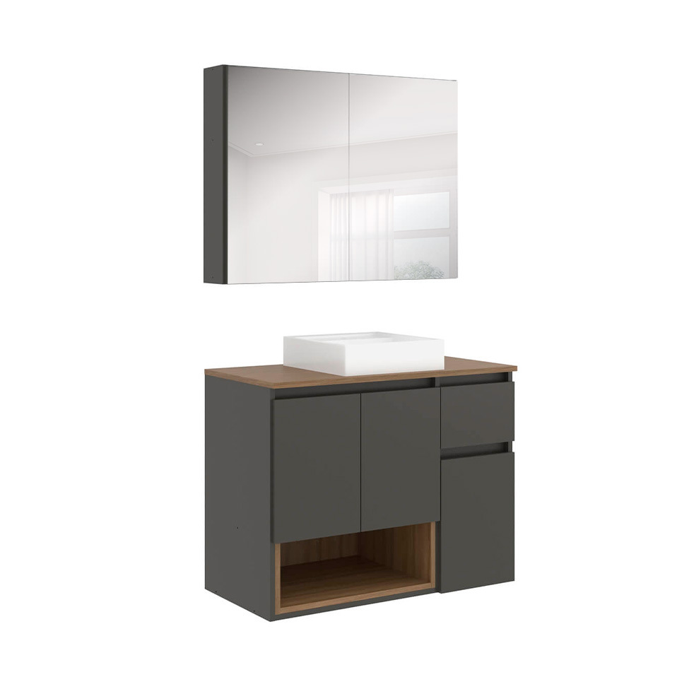 Conjunto de Gabinete Suspenso com Cuba e Armário de Banheiro Aurora 5 Portas 1 Gaveta Mel e Grafite