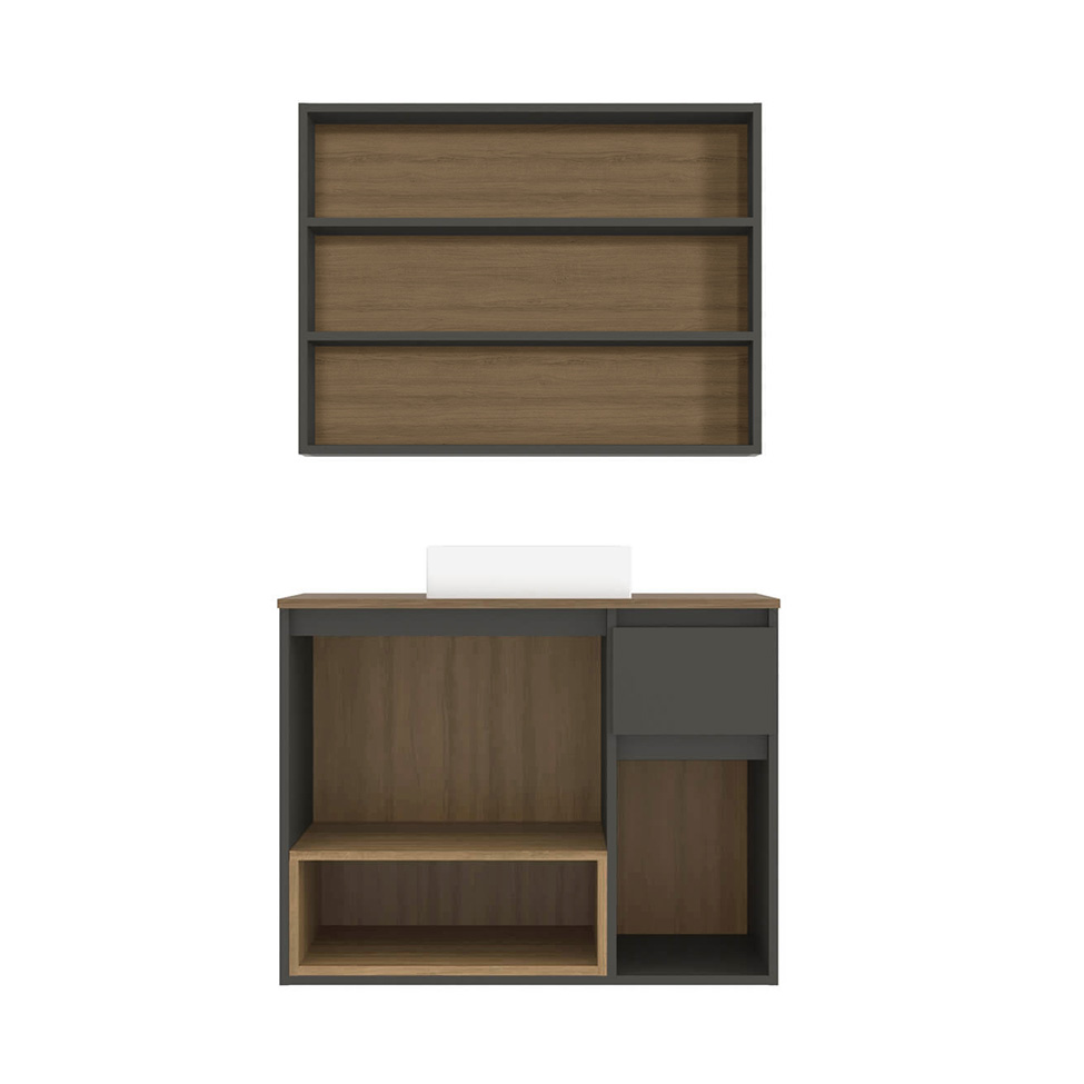 Conjunto de Gabinete Suspenso com Cuba e Armário de Banheiro Aurora 5 Portas 1 Gaveta Mel e Grafite