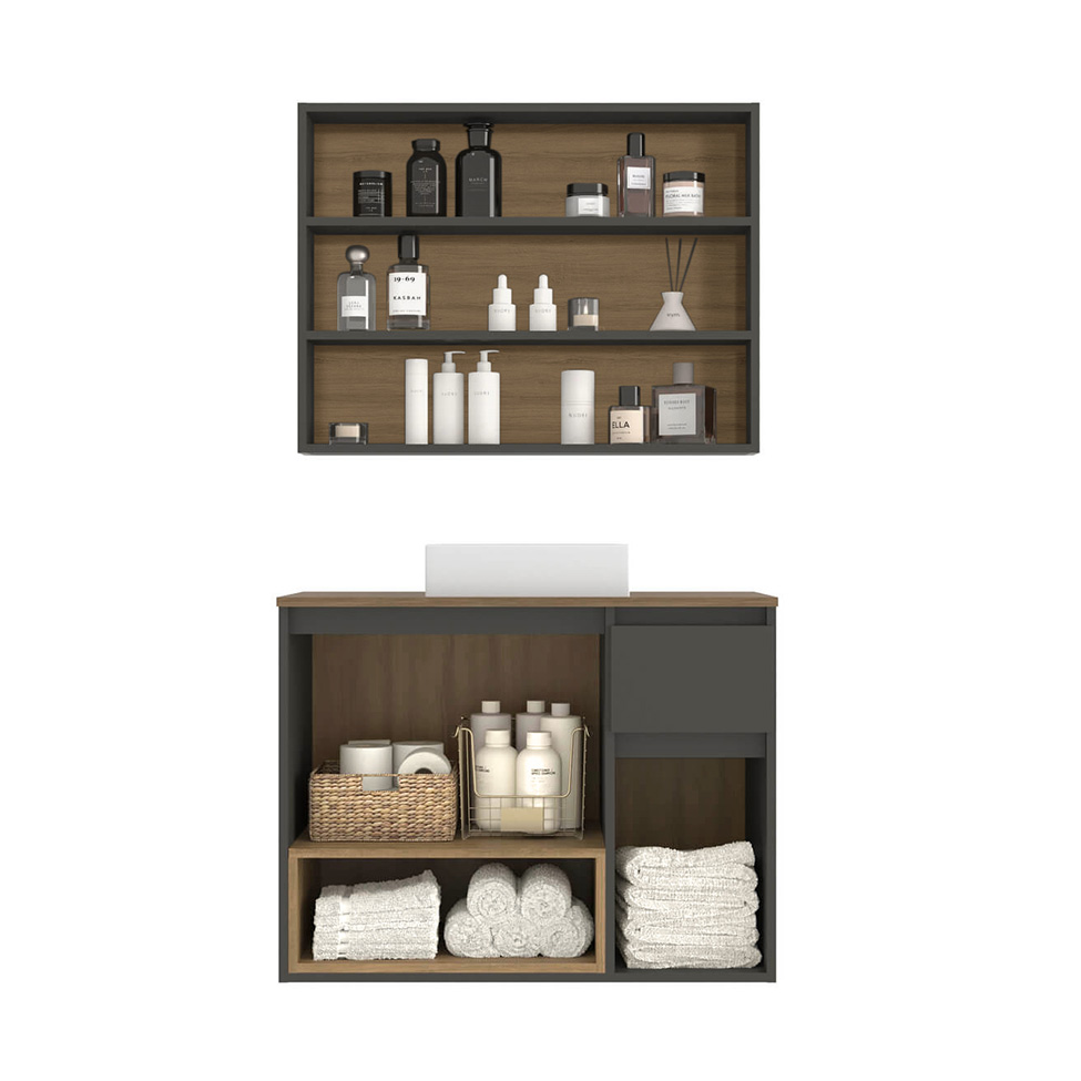 Conjunto de Gabinete Suspenso com Cuba e Armário de Banheiro Aurora 5 Portas 1 Gaveta Mel e Grafite