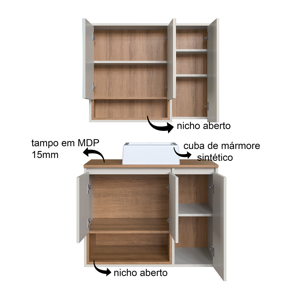Conjunto de Gabinete com Cuba Branca e Armário de Banheiro com Espelho Cecília 3 PT 3 GV Mel e Arenas