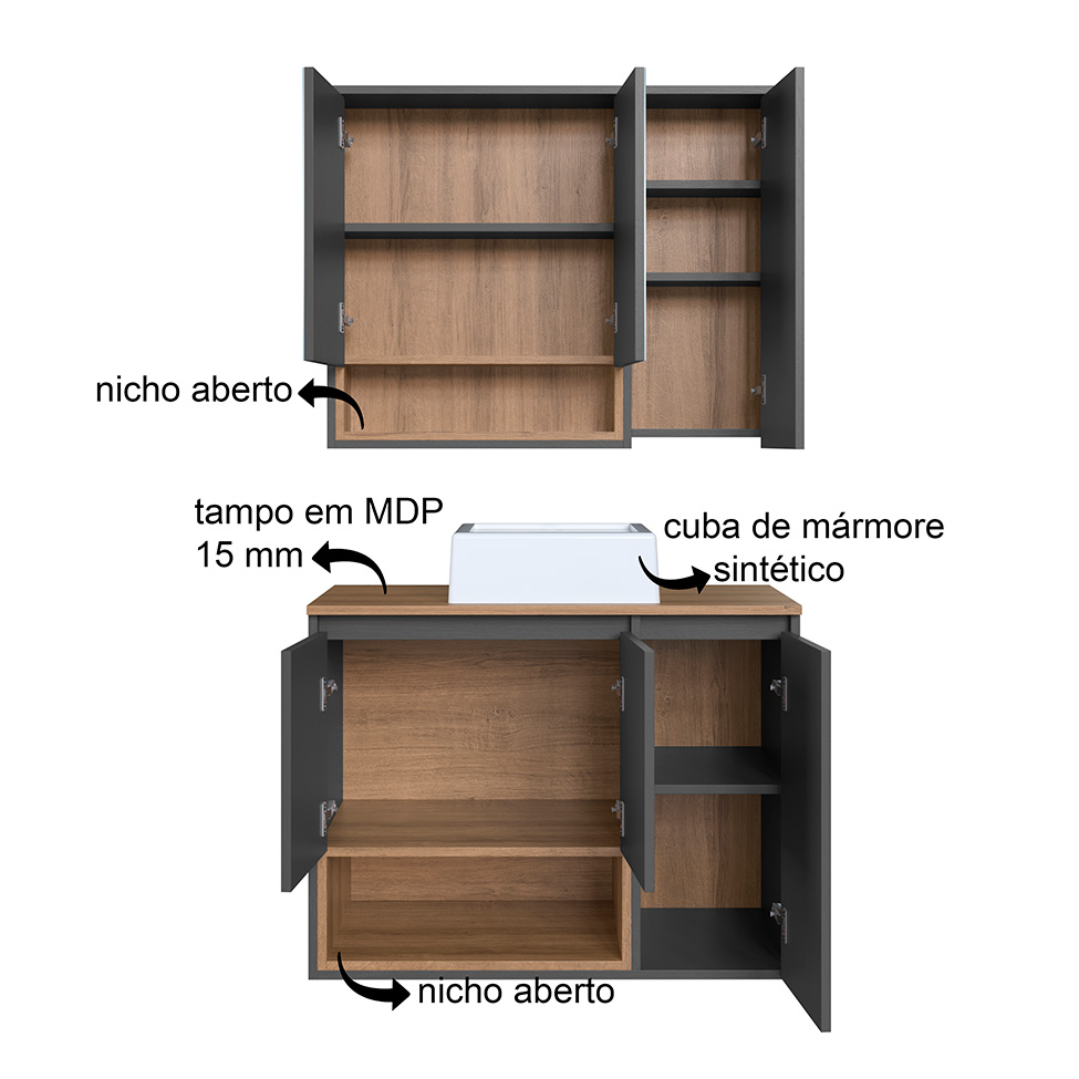 Conjunto de Gabinete com Cuba Branca e Armário de Banheiro com Espelho Cecília 3 PT 3 GV Mel e Grafite