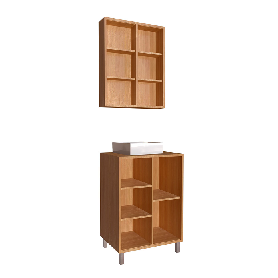 Conjunto de Gabinete com Cuba Branca e Armário de Banheiro com Espelho Julia 2 PT Mel e Grafite