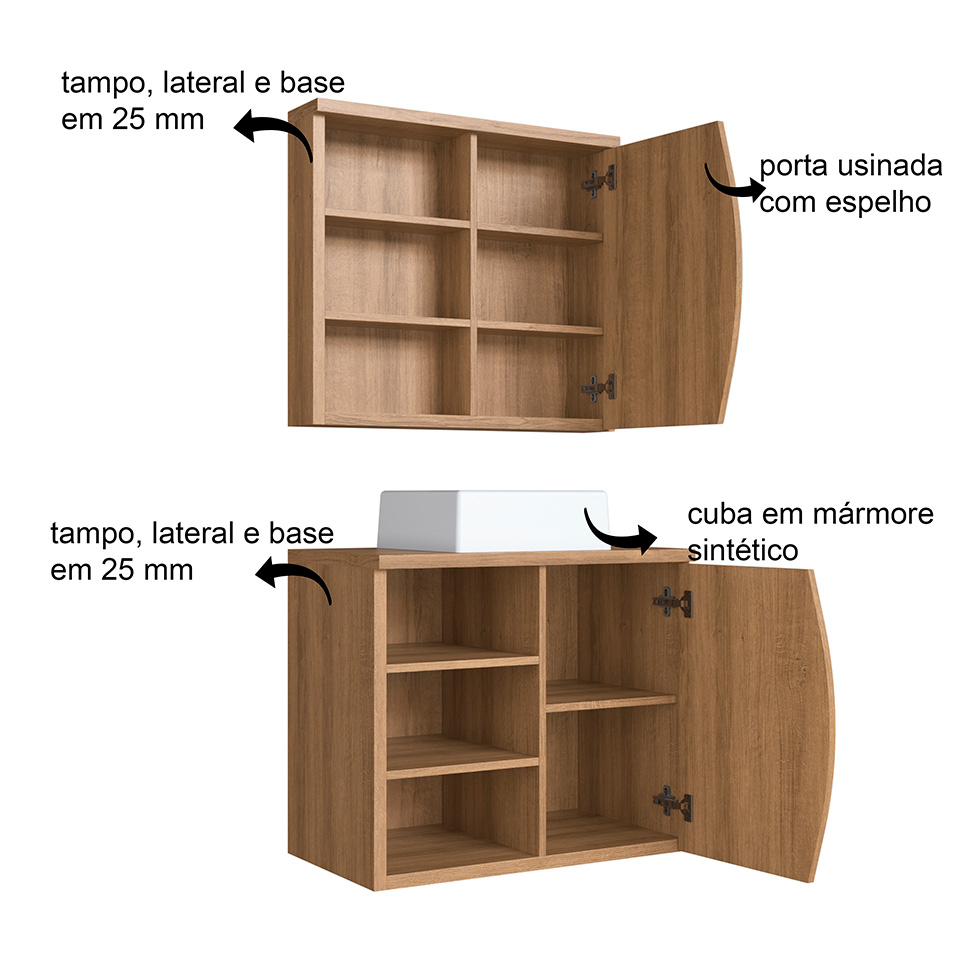 Conjunto de Gabinete com Cuba Branca e Armário de Banheiro com Espelho Laura 2 PT Mel