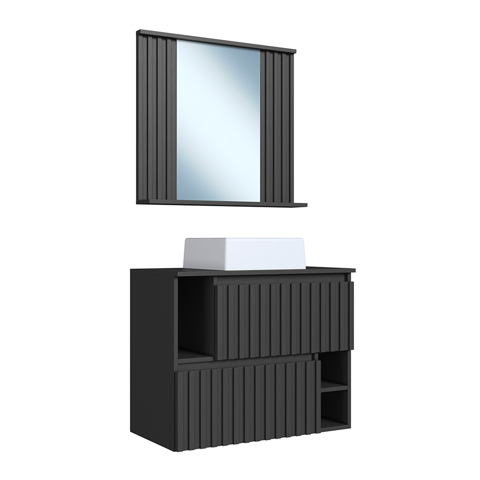 Conjunto de Gabinete com Cuba Branca e Espelho de Banheiro Luiza 2 PT Grafite