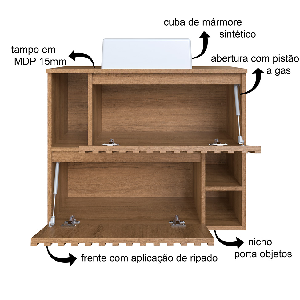 Conjunto de Gabinete com Cuba Branca e Espelho de Banheiro Luiza 2 PT Mel