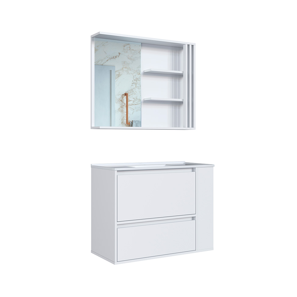 Conjunto de Gabinete com Lavatório Estela e Armário de Banheiro com Espelho 1 PT 1 GV Branco